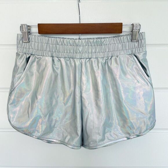 Women's Metallic Silver Elastic Waist Activewear Running Shorts Size Medium - Picture 3 of 5